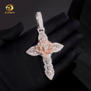 Cusrtomized Moda Homem Jóias Rose + White Gold Cor Hip Hop Pingente S925 VVS1 Moissanite Diamante Rose Flor Cruz Pingente - Product Image 4