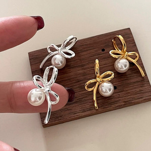 Ribbon Bow Pearl <b>Stud</b> Earrings S925 Sterling <b>Silver</b> Everyday Wear - Product Image 4