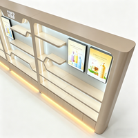 Mur de présentation de luxe moderne pour les produits de beauté |   Étagères courbes sur mesure et éclairage LED |   Intérieur d'un magasin de cosmétiques haut de gamme