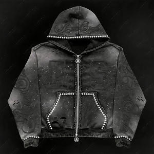 Sudadera con Capucha de Invierno para Hombre, Personalizada, OEM, Impermeable, Cortavientos, 100% Algodón, Forro Polar, Bordada, 370g, Talla Grande, con Cremallera y Remaches de Diamantes de Imitación - Product Image 1