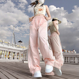 قماش تنفس منتصف الخصر شقة الجبهة السراويل الرياضية عارضة النساء الصيف فضفاضة مستقيم الساق مظلي عادي مصبوغ طويلة - Product Image 1