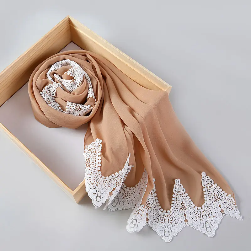Hijab en mousseline de soie avec dentelle cousue pour femmes, nouveau design, mode malaisienne, 2022