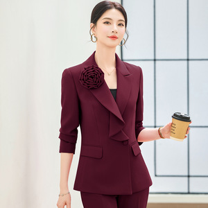 Women's Suit Sets Solid Color Polyester Fiber Spring Work Casual Two Piece Set With Floral Decor Flared Trousers - Product Image 3