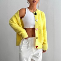 Automne hiver femmes élégant mode tricoté Cardigan couleur unie col rond décontracté coloré coeur bouton ouvert avant pull