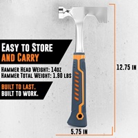 Marteau à cloison sèche 14 oz, hache en acier forgé monobloc |   Hache de 14 oz, forgée d'une seule pièce, lame à encoches pour clous, face fraisée
