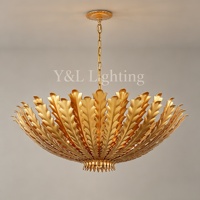 Lustre vintage en or avec feuilles d'acanthe, luminaire suspendu en métal de luxe avec plumes, LED, hauteur réglable, garantie 5 ans, élégant