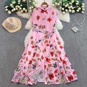 Vestido de Gasa con Cuello Estampado Estilo Retro para Mujer, Vestido de Verano con Botones - Product Image 4