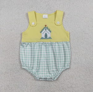 Vêtements pour enfants en gros, broderie fleurie, carreaux verts, jaune, sans manches, tenues de Pâques pour enfants - Product Image 2