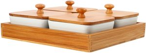 Bandeja de Cerámica para Servir Aperitivos con 4 Compartimentos, Plato de Postre Estilo Japonés, Plato para Condimentos y Aperitivos con Tapa de Bambú para Alimentos - Product Image 3