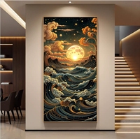 Decoración de Pared LED Grande, Luz de Luna, Paisaje Marino Abstracto de Lujo, Pintura Artística de Pared con Luz LED de Porcelana de Cristal