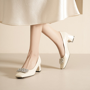 5688B-176 Fashion Rhinestone Pumps Square Toe <b>Block</b> Heel Mary Jane Shoes Medium Heel Solid Color Women's Pumps - Product Image 3