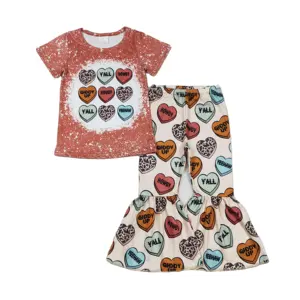 Baby Mädchen Valentinstag Herz Outfits Boutique Großhandel Liebe Kleidung Kleinkinder Kurzarm Yall Outfits Sets Kinder Kleidung
