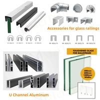 Glasgeländer für Balkon und Treppe, rahmenlos, mit LED-Lichtleiste, Aluminium-U-Profil-System