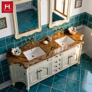 Meuble-lavabo double vasque classique français Happy Houses, sur mesure, blanc antique, en bois massif, avec plateau en marbre brun, pour villa et <span class=keywords><strong>maison</strong></span> - Product Image 2