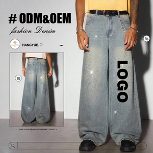 Hochwertige Maßgefertigte High-Streetwear-<span class=keywords><strong>Jeans</strong></span> Lose Gerade Weite Hosen Coole Gewaschene Strass-Kristall Hip-Hop Mode-<span class=keywords><strong>Jeans</strong></span> - Product Image 1