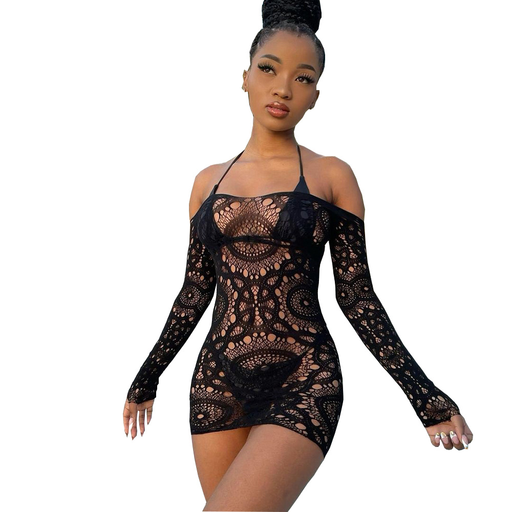 Сексуальное Кружевное мини-платье с длинным рукавом и открытыми плечами, Прозрачное мини-платье с вырезами, Клубная одежда 2022, платья