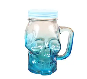 16oz 480ml özel renkli kafatası cam turşu kavanozu kolu ile içme suyu içecek cam kavanoz