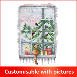 Le chat <span class=keywords><strong>sur</strong></span> le rebord de fenêtre Kit de point de croix en tissu <span class=keywords><strong>Aida</strong></span> Set de point de croix estampillé DIY Kit de démarrage avec motif de fleurs et de plantes - Product Image 2