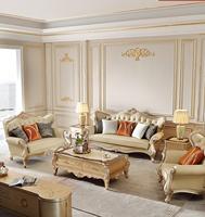 Canapé en bois massif et cuir véritable de luxe léger de style français fabriqué à la main pur, ensemble de canapés villa sculptés royaux européens