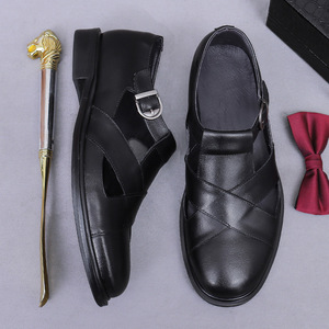 Men's Genuine Leather T-Strap <b>Sandals</b> Closed Toe Rubber Outsole Classic Style All Seasons Buckle Strap - Product Image 4