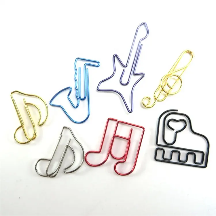 Colorful different kind musical note piano horn clef guitar violin shaped metal wire paper clips