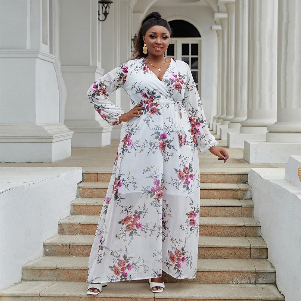 Womens Maxi Dress Boho Chiffon Floral Printed Long Party Dresses Plus Size  with Belt Deep V-Neck Loose Summer Beach Dresses