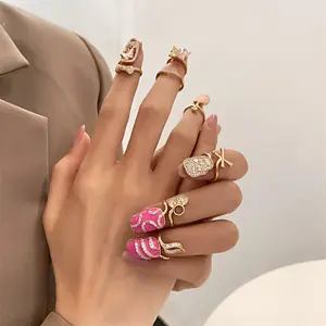 ODM时尚铜镶嵌锆石指甲戒指INS出售镀金彩色美甲联合戒指女性潮流派对饰品