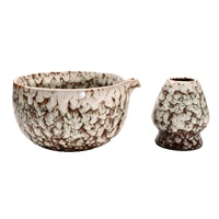 Ensemble deux pièces bol à matcha et fouet en céramique de grès de style japonais, émaillé réactif et à effet de four, de la dynastie Song, pour la cérémonie du thé