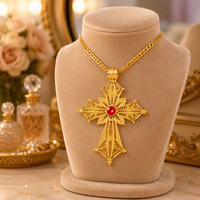 Collier vintage FS avec croix éthiopienne en filigrane, plaqué or 18 carats, pendentif croix creuse avec strass rouge, bijoux religieux