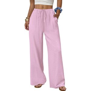Pantalones Anchos de Mujer, Cintura Alta, con Cordón, Color Rosa, Transpirables, de Punto, para Primavera/Verano, Playa, Vacaciones, Ropa Casual, Talla M - Product Image 1