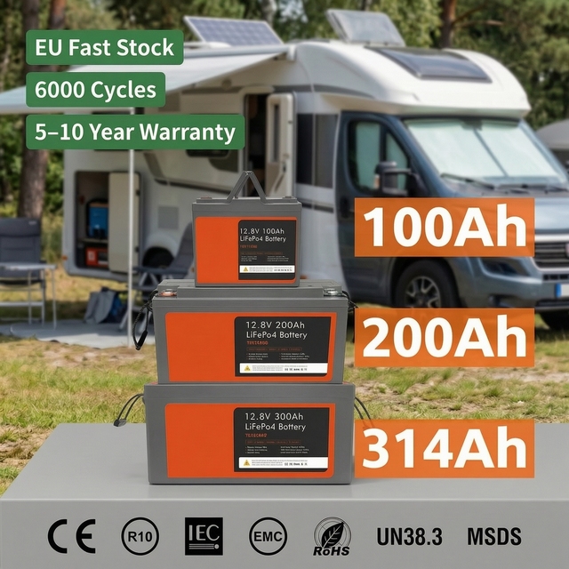PMI DE PL EU Stock 12V/24V 100Ah/200Ah Solar Deep Cycle LiFePO4 Lithium Battery 6000 Cycles CE HP1500K