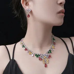 戴河套装-3534彩色锆石奢华红宝石定制工厂婚礼印度昂贵的硅石首饰