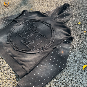 Custom Streetwear High Quality <b>Rhinestone</b> <b>Hoodie</b> Heavyweight Cotton Distress Letter Patch Vintage Oversized Washed Men's <b>Hoodie</b> - Product Image 5