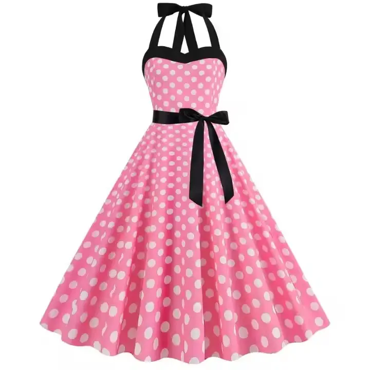 Gaun motif Polka Dot Anak perempuan merah muda gaun musim panas Retro jubah wanita Halter ayun punggung terbuka 50S 60S antik Pinup gaun Rockabilly