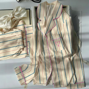 Setelan Piyama Wanita Motif Garis Seperti Sutra - Pakaian Santai Modis Lengan Panjang untuk Musim Semi - Product Image 4