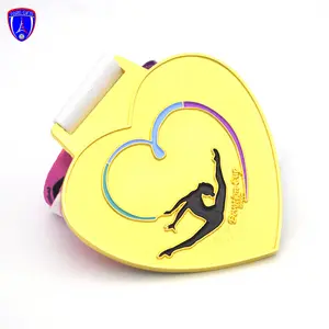 Professional London gold plated gymnastic champions heart shape dance medal prize with custom logo and ribbon