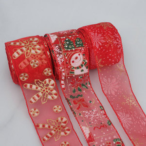 Pita Organza Transparan Berbahan Jala dengan Cetakan Foil Emas untuk Pembungkus Kado dan Hiasan Rambut DIY Grosir Natal - Product Image 2