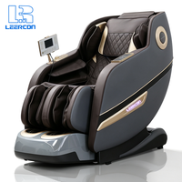 Fauteuil de massage LEERCON AI gris ardoise avec cuir marron, haut-parleurs dorés, charge sans fil, matelassage diamant, zéro gravité, chauffant, rail SL