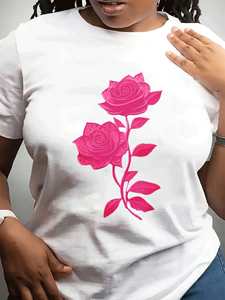 T-Shirt da Donna per San Valentino con Collo Tondo, Motivo Rosa Rosa, Stile Romantico Casual, 100% Cotone Jersey, Primavera Estate - Product Image 3