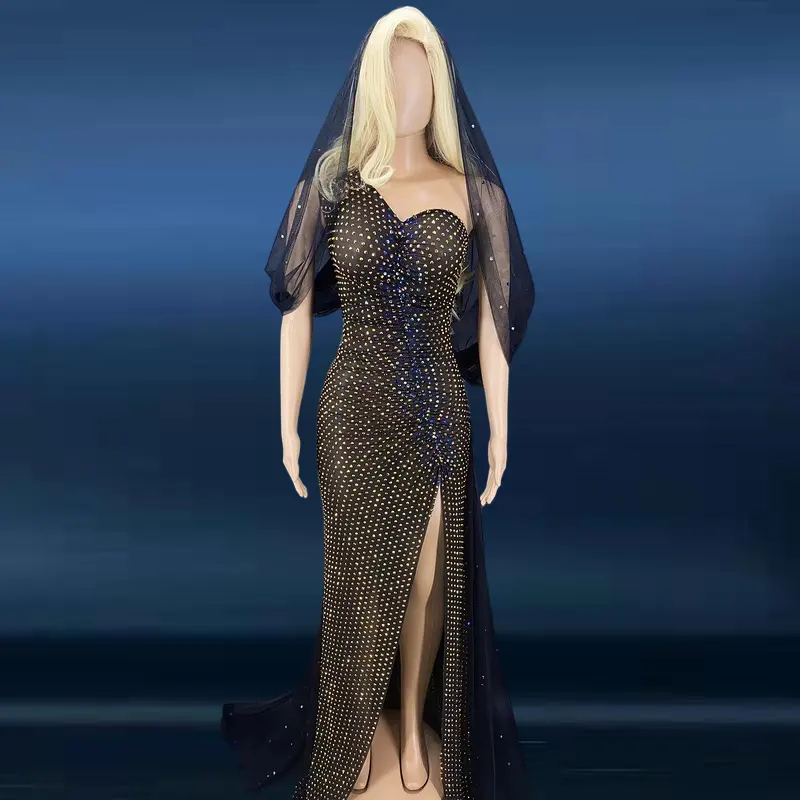 Novance y2311 vestido vendedor preto, com strass, de noite, fenda alta, sexy, maxi bodycon