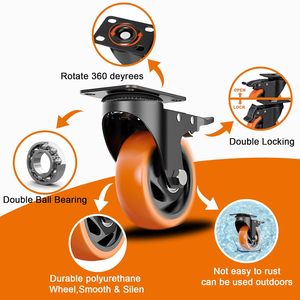 4-Zoll-Hochleistungs-Lenkrollen mit Fests tell bremse Polyurethan (PU) Industrie räder 90a Härte gewindes chutz - Product Image 4