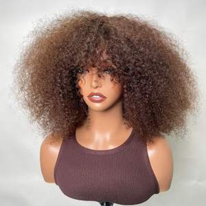 Perruque sans colle à franges bouclées afro crépues, couleur marron, densité 250 %, cheveux humains indiens Remy, effet volumineux – Fournisseur Populaire - Product Image 1