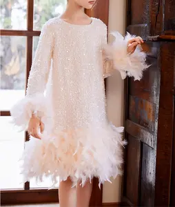 Vestido de fiesta de lentejuelas de plumas de manga larga para niñas al por mayor para la temporada de primavera y otoño