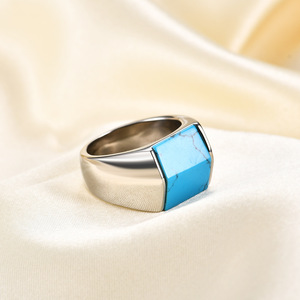 Stainless Steel <b>Ring</b> 13mm Geometric <b>Turquoise</b> Inlay Unisex Fashion Jewelry Gift - Product Image 3