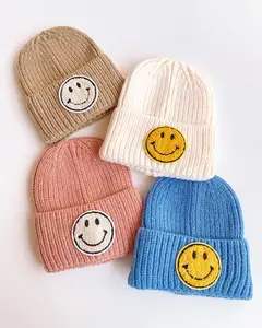 RTS Towel embroidered smiling face baby knitted hat children's woolen hat autumn boys girls unisex warm beanie hats