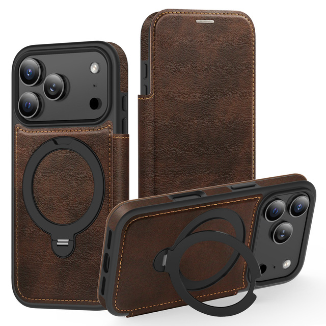 Luxury Leather Flip Wallet Case for iPhone 17 With Metal Ring Stand Magnetic Phone Cover for iPhone 17 16 15 Pro Max Funda