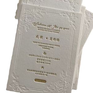 Carte d'invitation de mariage personnalisée de luxe avec estampage à chaud doré, design en relief, papier fantaisie, impression typographique - Product Image 5