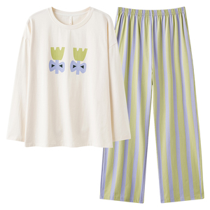 Pigiama da donna con stampa t-shirt in cartone a maniche lunghe pantaloni a righe in cotone Set pigiama da donna - Product Image 2