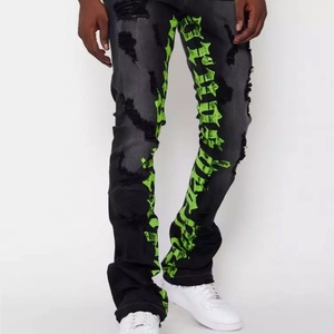Jeans Casuales Azules para Hombre, Personalizados con Letras Impresas, Corte Ajustado, Pantalones de Mezclilla Negros Desgastados - Product Image 3