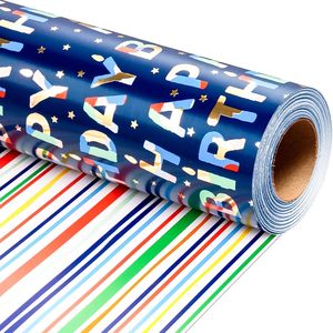Blue Birthday Wrapping Paper 17 Inch X 16.5 Ft Reversible Metallic Foil Striped Pattern For Gift <b>Wrap</b> - Product Image 1